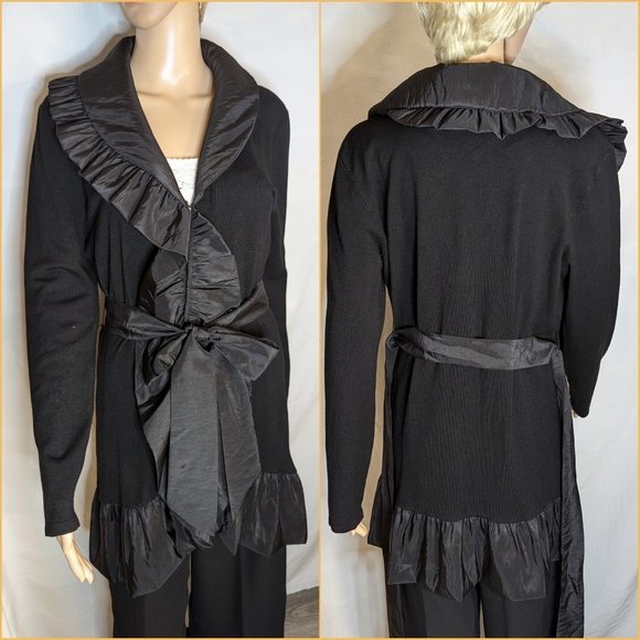 ravel Jackets & Blazers - Ravel knit belted ruffled sweater jacket coat black sz M rayon nylon